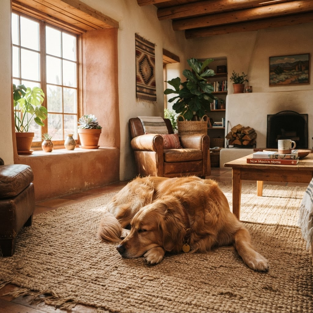 A relaxed dog resting contentedly on a woven rug in a sunlit New Mexico living room
